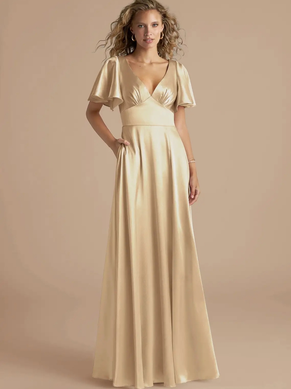 Azazie Kimber Gold Satin V-Neck Flutter Sleeve Maxi Dress